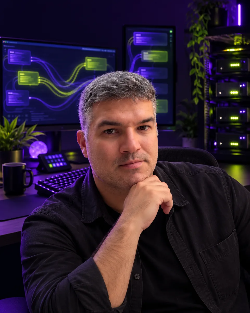 Isma en su espacio de trabajo, junto a monitores y un homelab